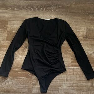 Black long sleeve deep v bodysuit